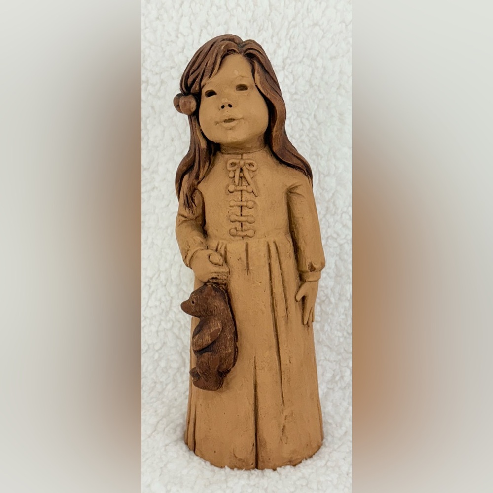 Vintage Signed Lee Bortin Clay Sculpture Girl With Teddy Bear 12" Tall